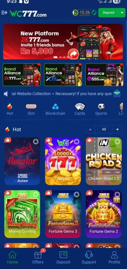 WC777 Game APK download screen for latest version.