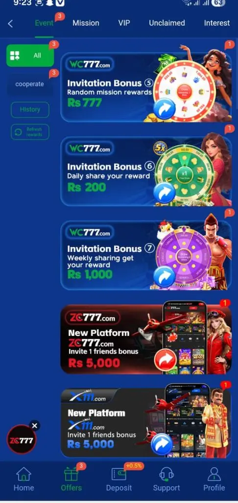 VIP rewards and referral bonus page in WC777 Game.
