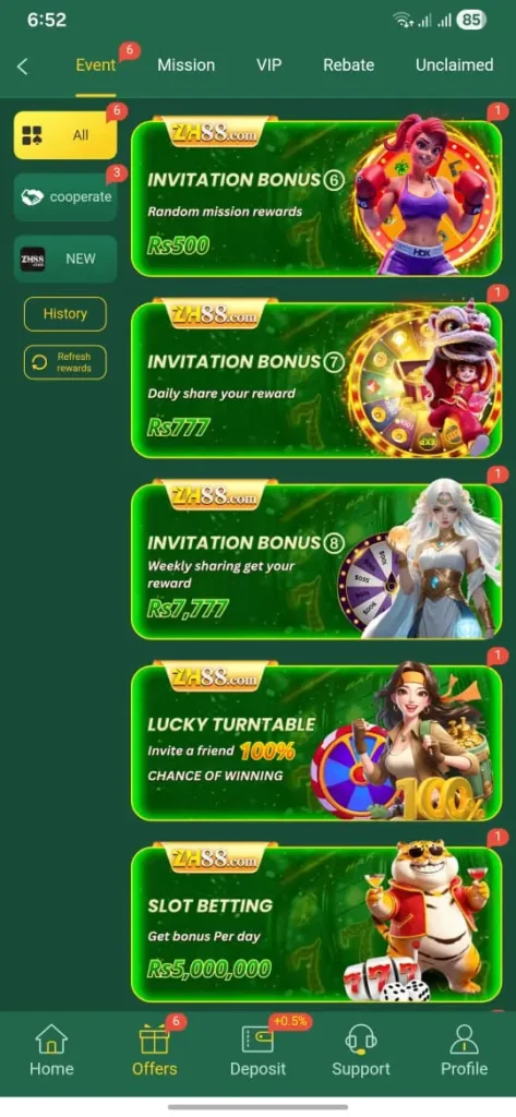 ZH88 Game Daily bonus, wheels, and mission screenshot.