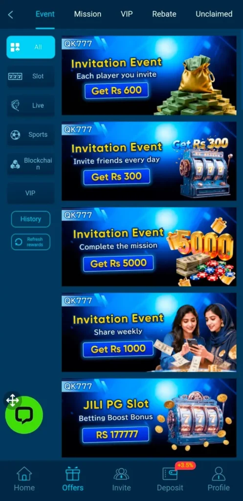 QK777 Game daily boneses  screen shot of game 