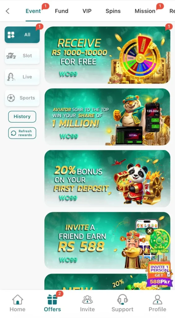 WC99 Game bonuses and daily rewards image.