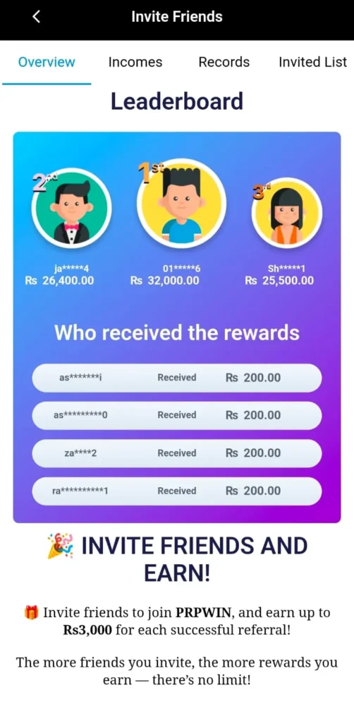 PRPWIN Game invites firends and daily rewards bonuses screenshot image.