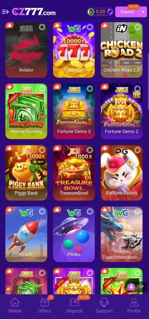 CZ777 Game mobile app main dashboard showing game categories and player account details.