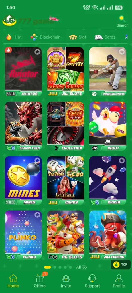 The LG777 Game mobile app interface showing the main dashboard and game categories on Android.