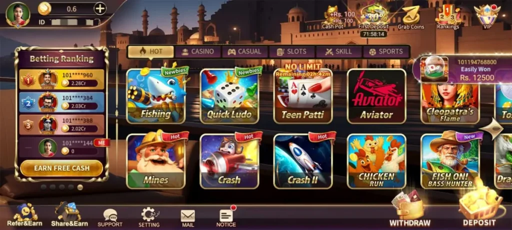 App Interface Screenshot of Royal X Casino game interface showing cards, slots, and sports betting options.