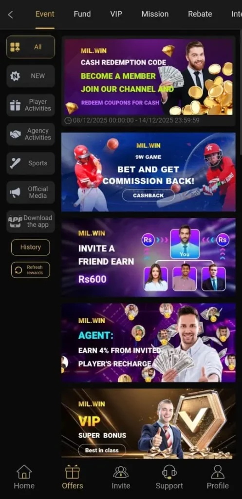 Daily bonus and reward screen of MILwin Game app