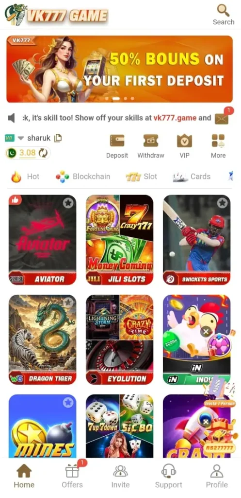 VK777 Game app interface showing multiple online games, smooth gameplay options, and a user-friendly design on a mobile screen